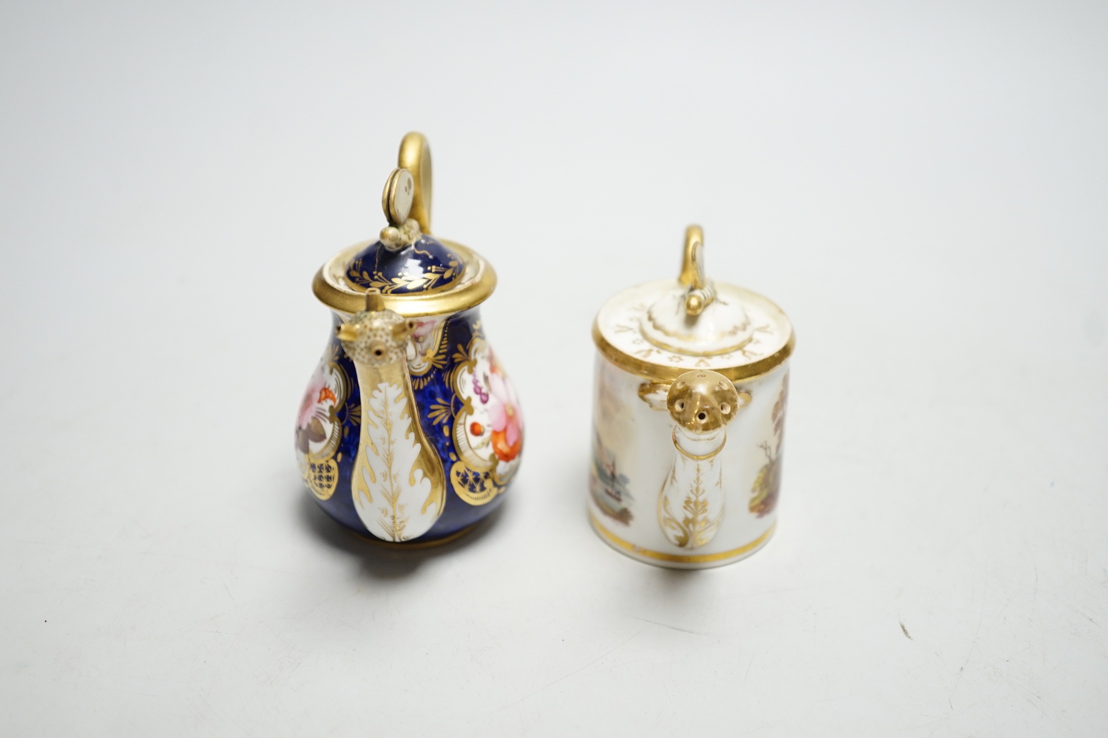 Toy porcelain: two English rosewater sprinklers, c.1810-1820, possibly Coalport, each modelled in the form of a watering can